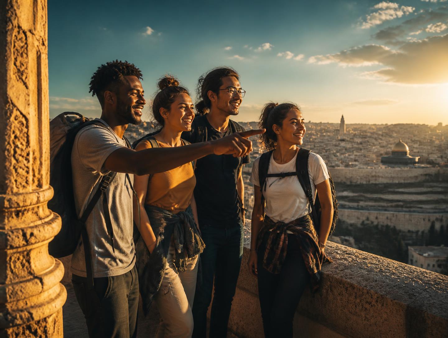 A group of explorers together on a stone terrace overlooking a historic city