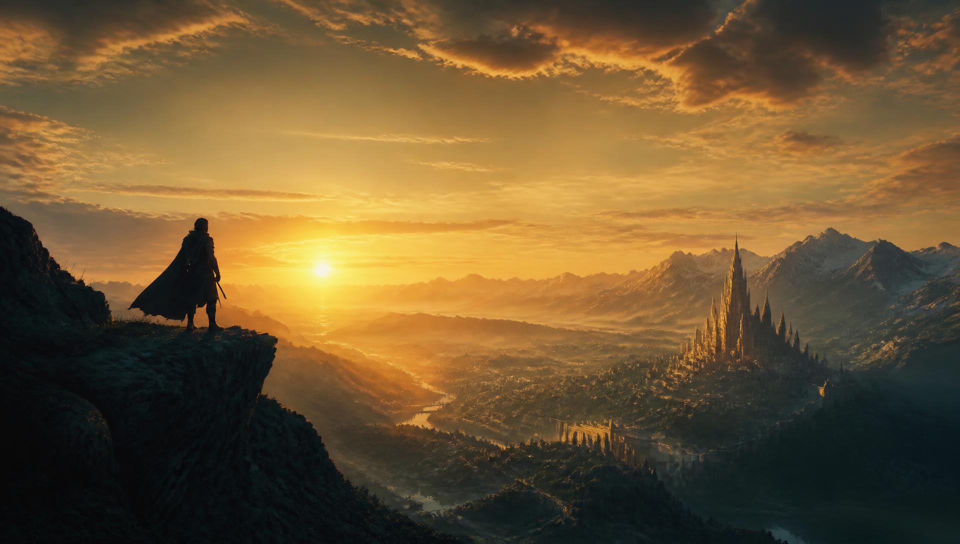 An explorer overlooking a vast valley and distant cathedral city at sunset