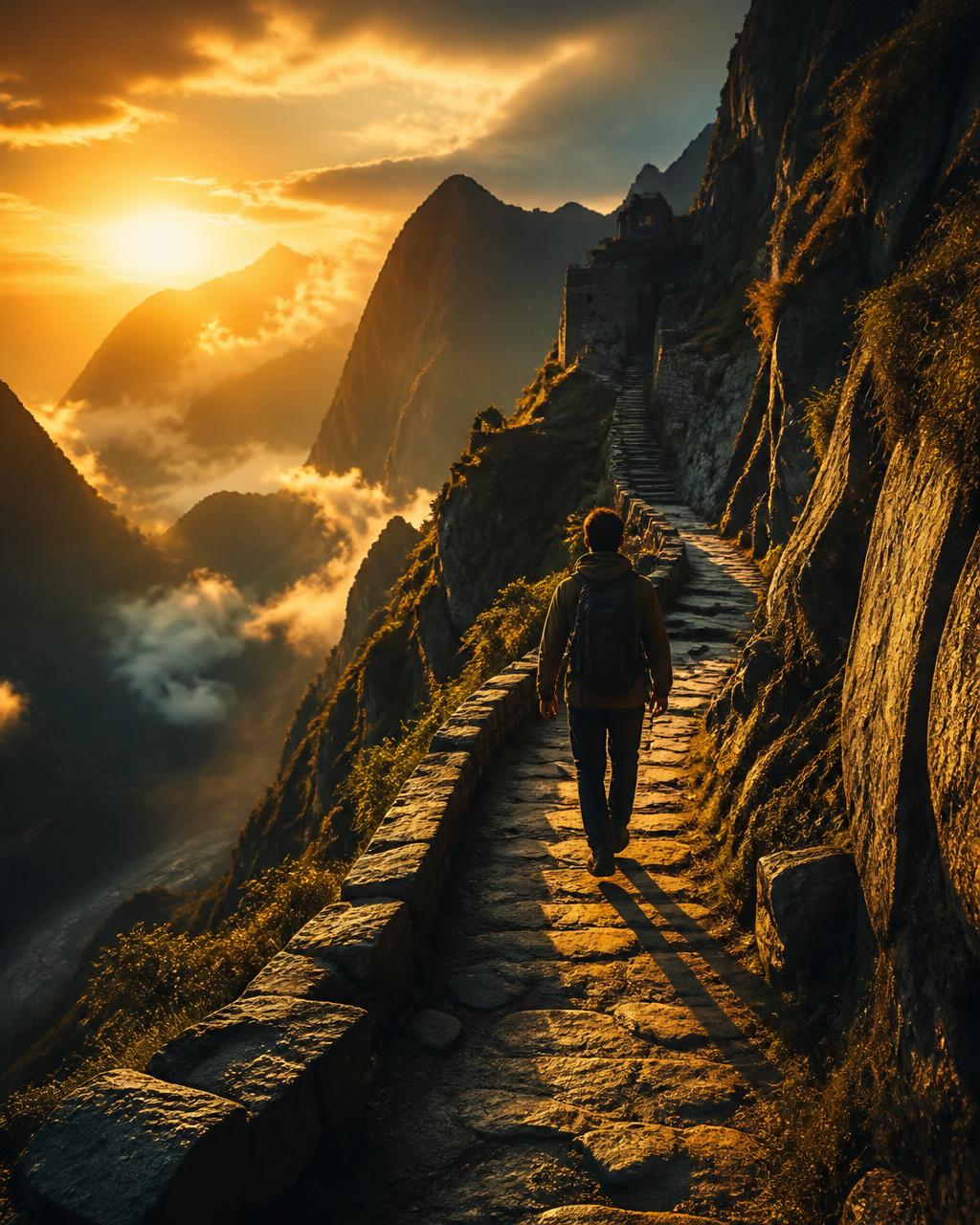 An explorer walking an ancient mountain path at golden hour