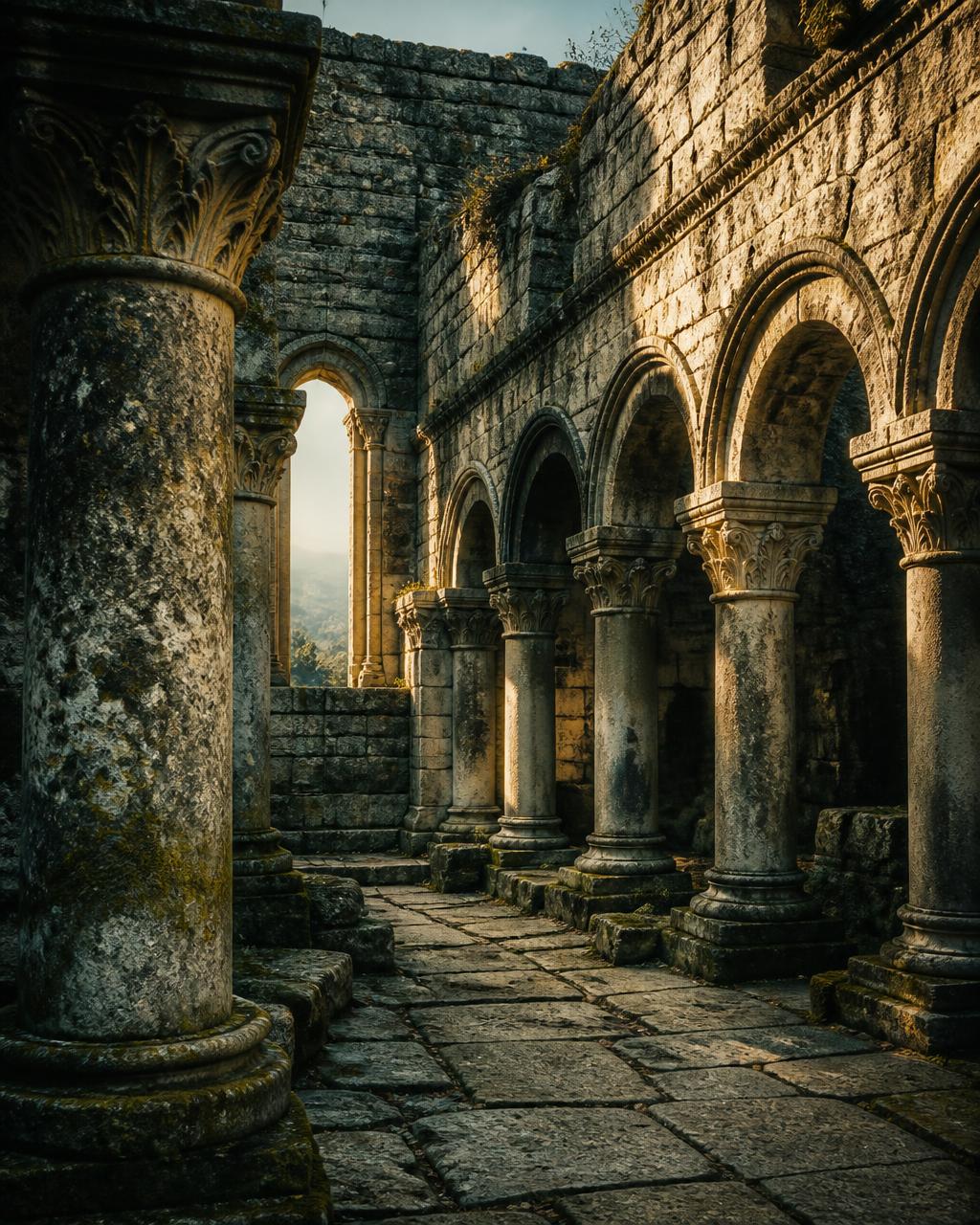 Ancient Christian ruins with carved stone columns