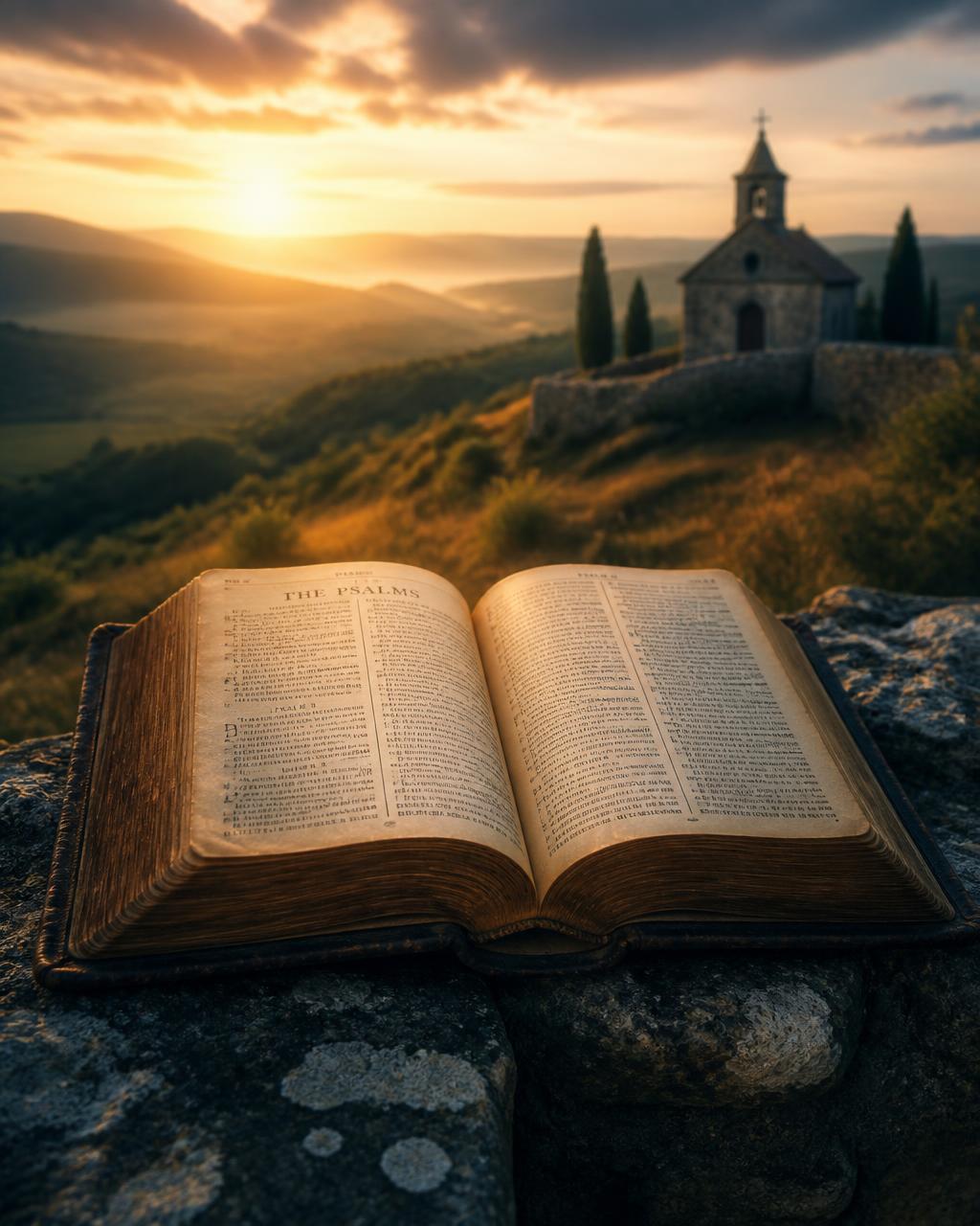 An open Bible on stone in a historic landscape at dawn